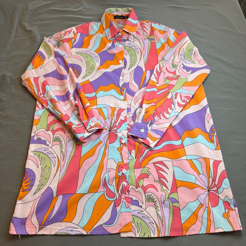 PrettyLittleThing Psychedelic Abstract Print Longline Button Up Dress Womens 4